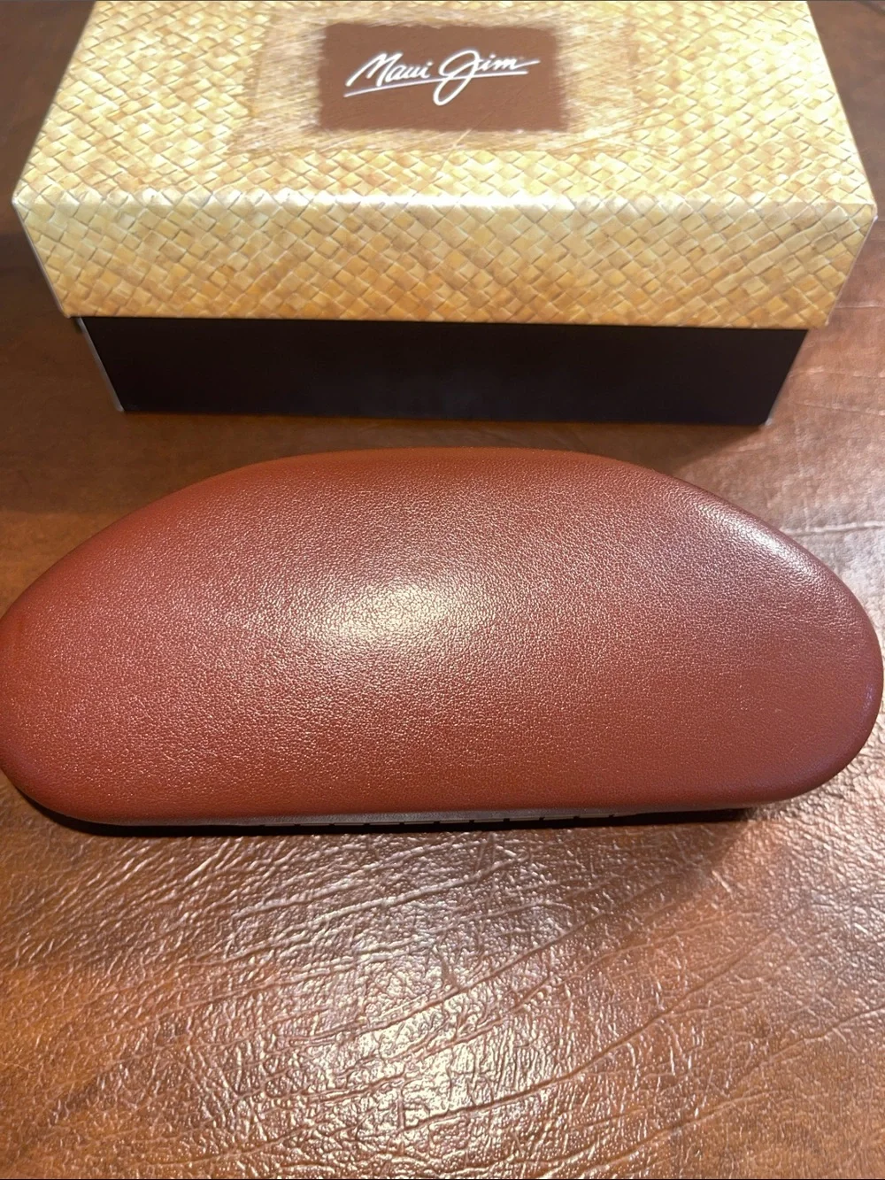 Maui Jim Chestnut Brown Leather Hinged Sunglasses Case + Box